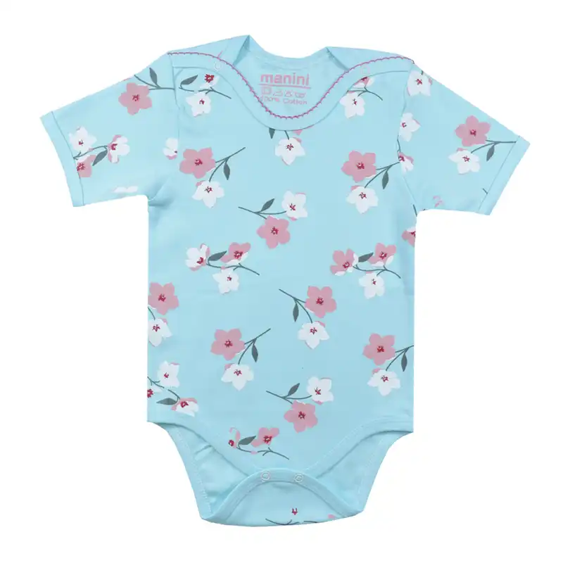 بادی آستین کوتاه نوزادی مانینی مدل گلدار کد 1 رنگ آبی