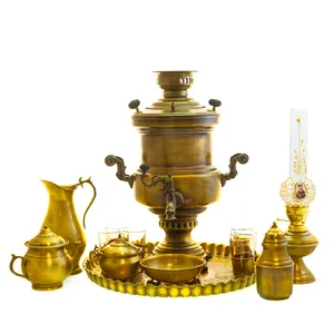 سرویس سماور ذغالی 14 پارچه برنجی مدل استوانه ای کد 3794