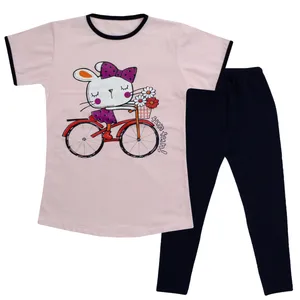 ست تی شرت و لگینگ دخترانه مدل دوچرخه رنگ صورتی