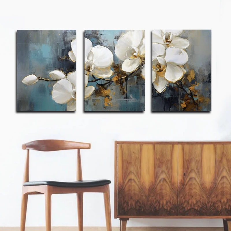 تابلو شاسی بکلیت طرح نقاشی مدرن رنگ روغن گل ارکیده مدل SH-1619 مجموعه 3 عددی