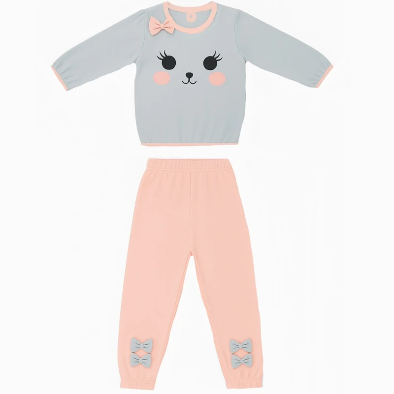 ست تی شرت آستین بلند و شلوار دخترانه مدل خرگوش پاپیون دار