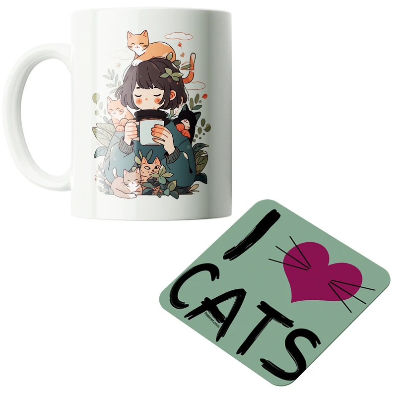 ماگ پاد آفرین مدل دخترانه طرح گربه کیوت فانتزی بامزه کارتونی کد PZ157 به همراه زیرلیوانی