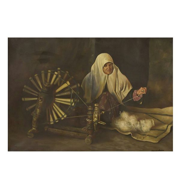 تابلو نقاشی رنگ روغن طرح زن نخ ریس کد 6038