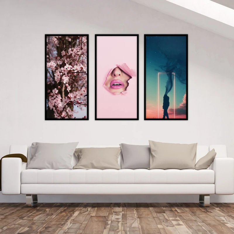 تابلو بکلیت طرح دکوراتیو گل صورتی و چهره مدل B-546 مجموعه 3 عددی