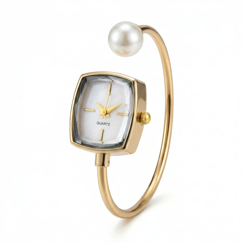 ساعت مچی عقربه‌ای کوارتز زنانه مدل لوکس بنگل بند النگویی مرواریدی کد B009