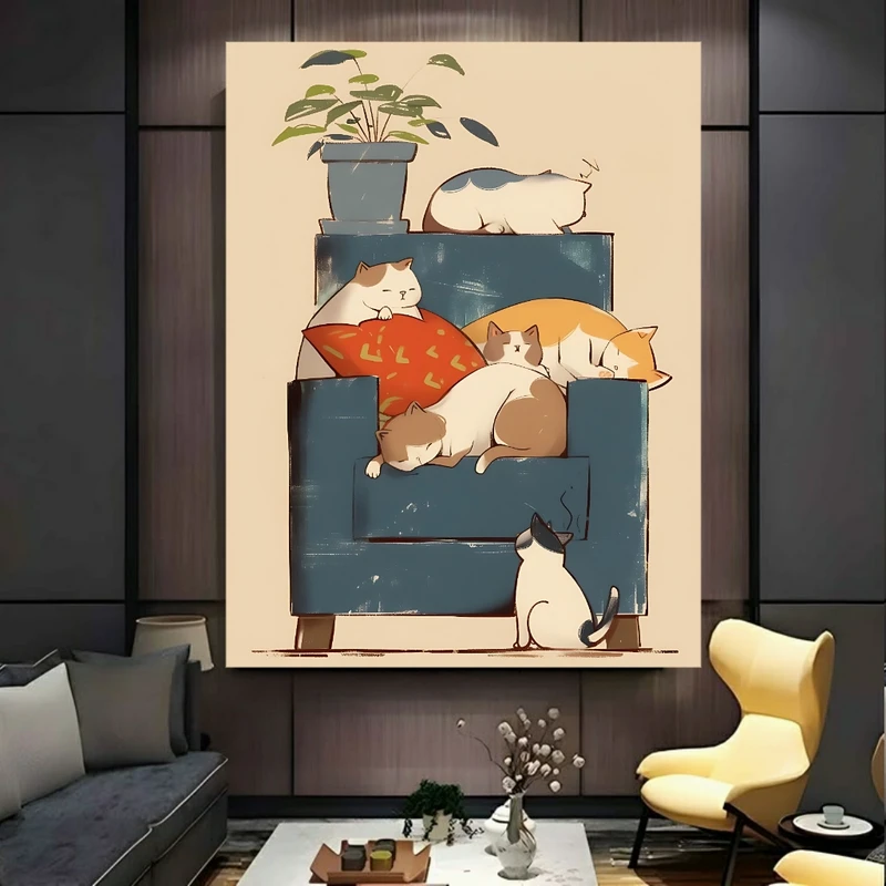 تابلو بوم طرح مخمل نقاشی کیوت مدل گربه های تنبل کد BK24447
