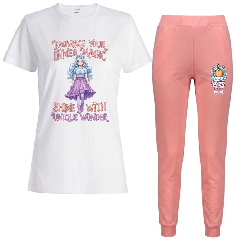 ست تی‌شرت آستین کوتاه و شلوار راحتی زنانه مدل عروسک