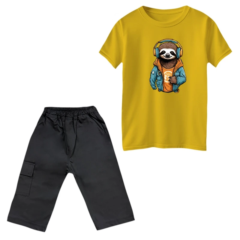 ست تی‌شرت و شلوارک پسرانه مدل تنبل و موزیک