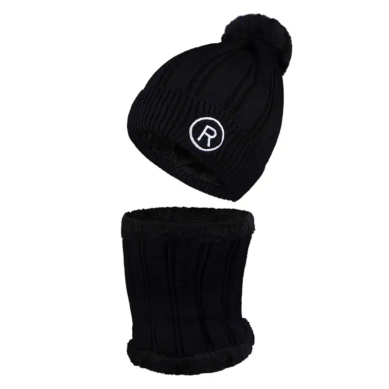 ست کلاه و شال گردن بافتنی طرح R بچگانه مدل داخل خز