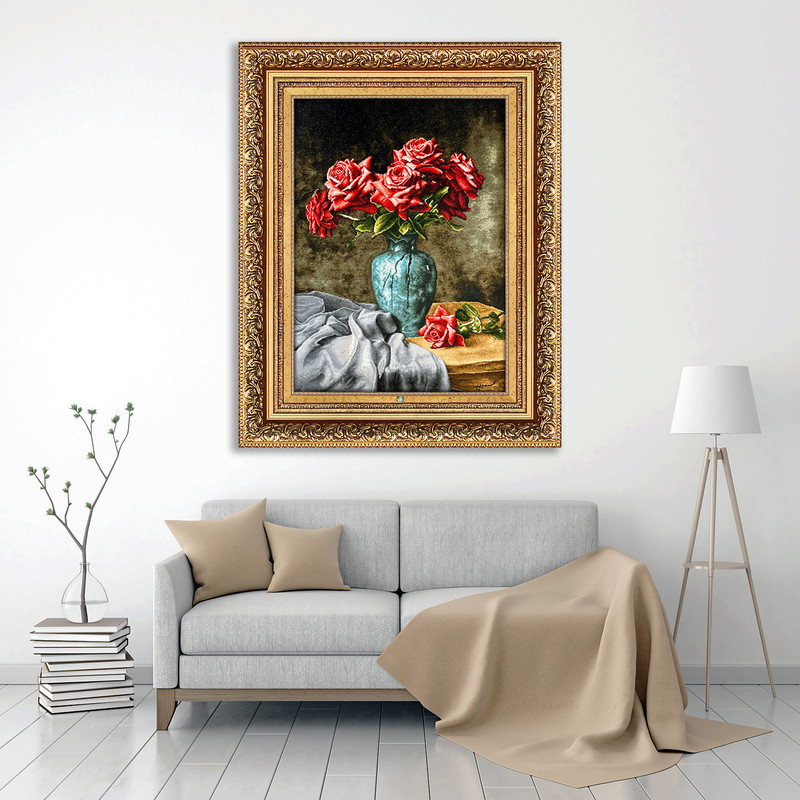 تابلو فرش دستباف فرش میرنظامی مدل گل رز و گلدان کد 1667