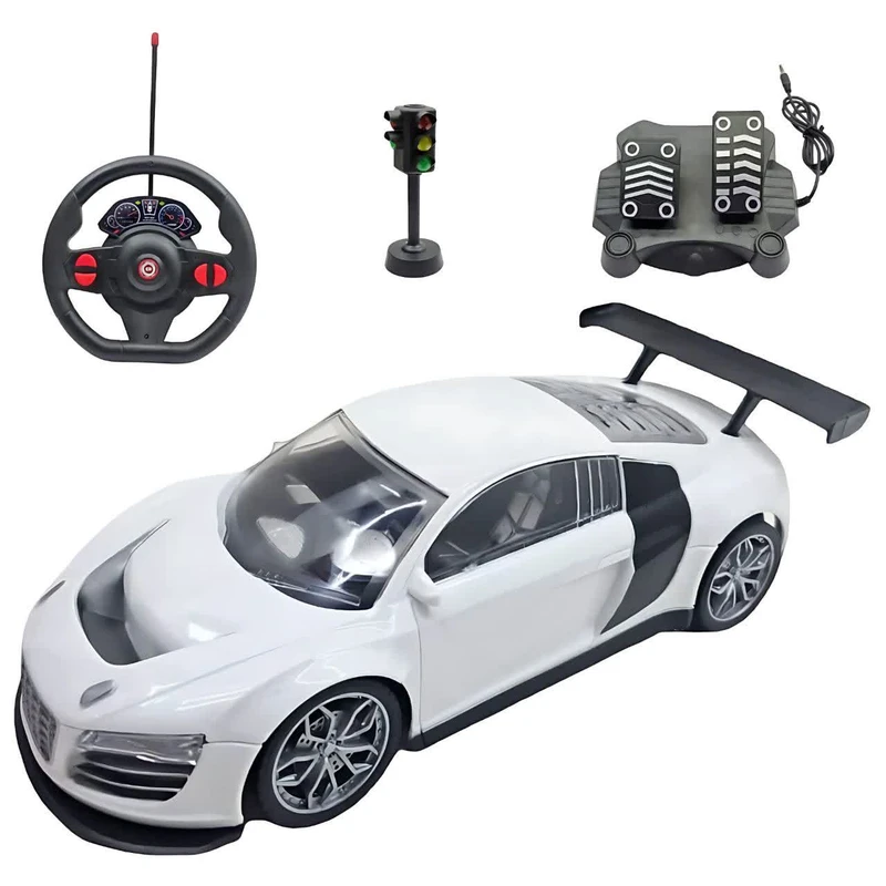 ماشین بازی کنترلی ناب سل مدل آئودی شارژی پدال دار فرمانی چراغ دار همراه با چراغ راهنمایی Rechargeable audi r8 with pedals, illuminated steering wheel and traffic lights
