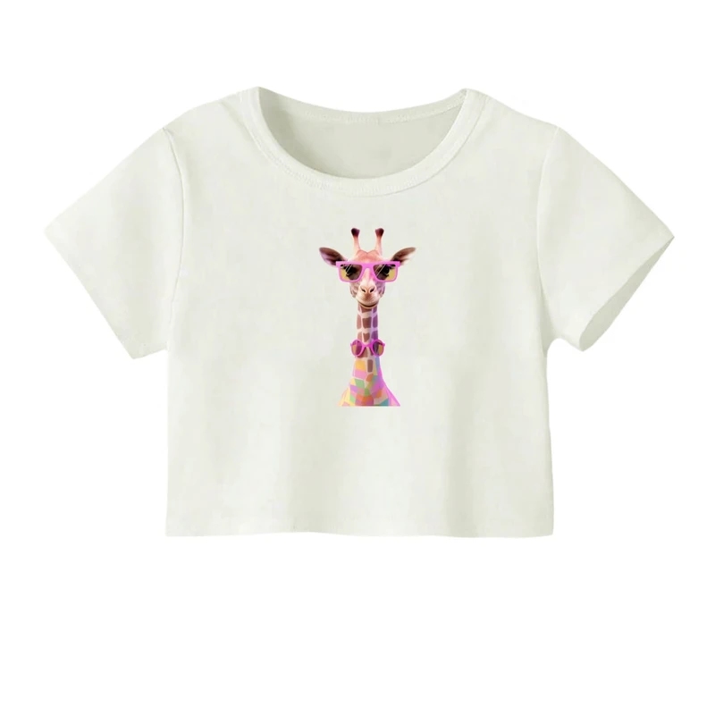 کراپ‌ تی‌شرت آستین کوتاه زنانه مدل زرافه عینکی