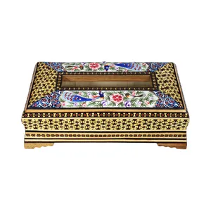 جعبه دستمال کاغذی خاتم کاری چوبی مدل نقاشی گل و مرغ