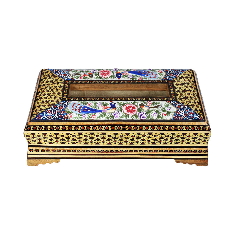 جعبه دستمال کاغذی خاتم کاری چوبی مدل نقاشی گل و مرغ