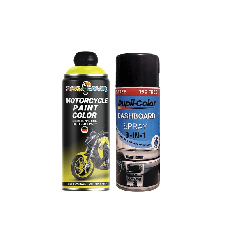 اسپری پولیش و خوشبو کننده داشبورد و اسپری رنگ موتور سیکلت زرد فلورسنت دوپلی کالر مدل شب تاب حجم 400 میلی لیتر مجموعه 2 عددی