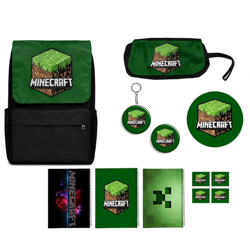 کوله پشتی طرح ماینکرفت کد Minecraft A6 به همراه دفتر مشق و جامدادی و زیر لیوانی و جاکلیدی مجموعه 12 عددی