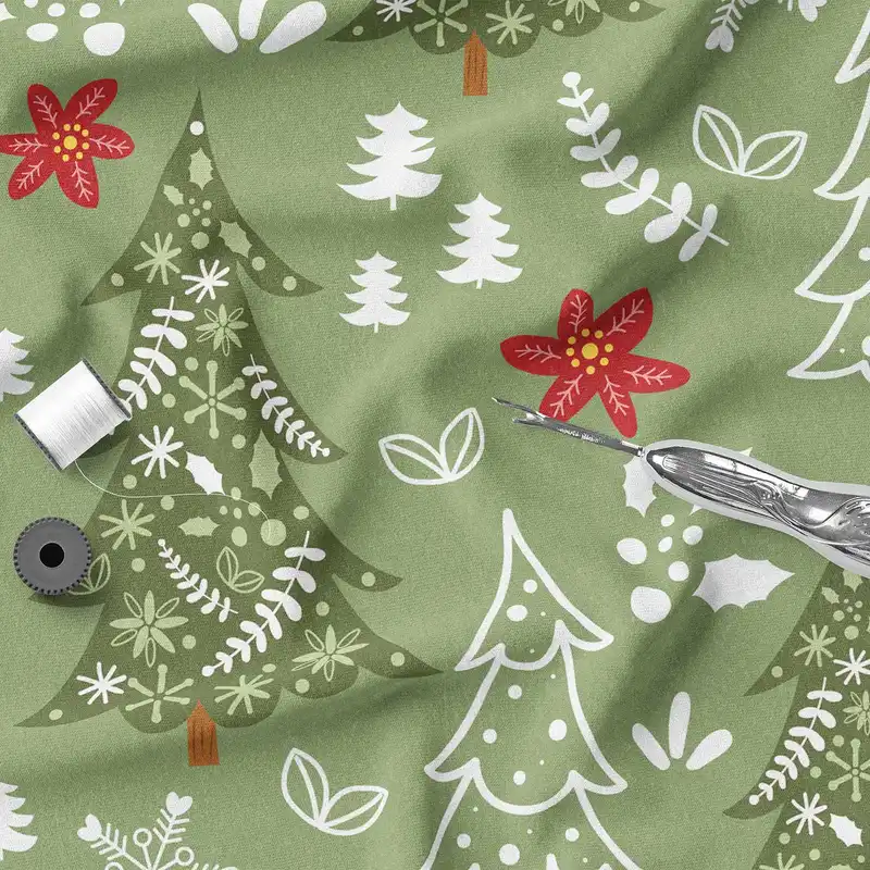 پارچه ملحفه پارچه باما مدل مخمل طرح درخت کریسمس  5011544