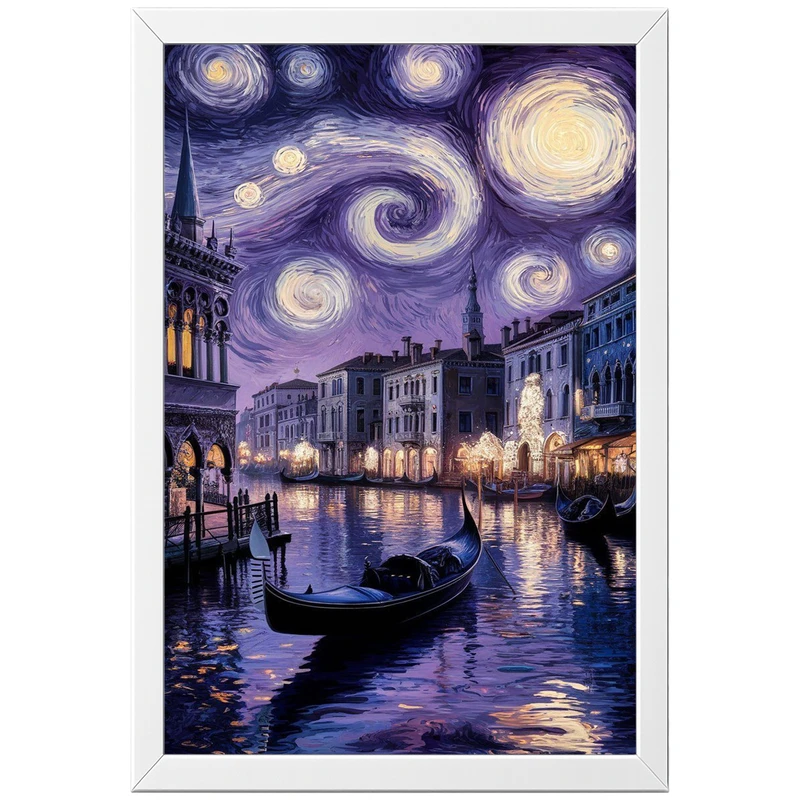 تابلو بکلیت طرح ونیز و شب پر ستاره The Starry Night مدل W-po2101 فریم سفید