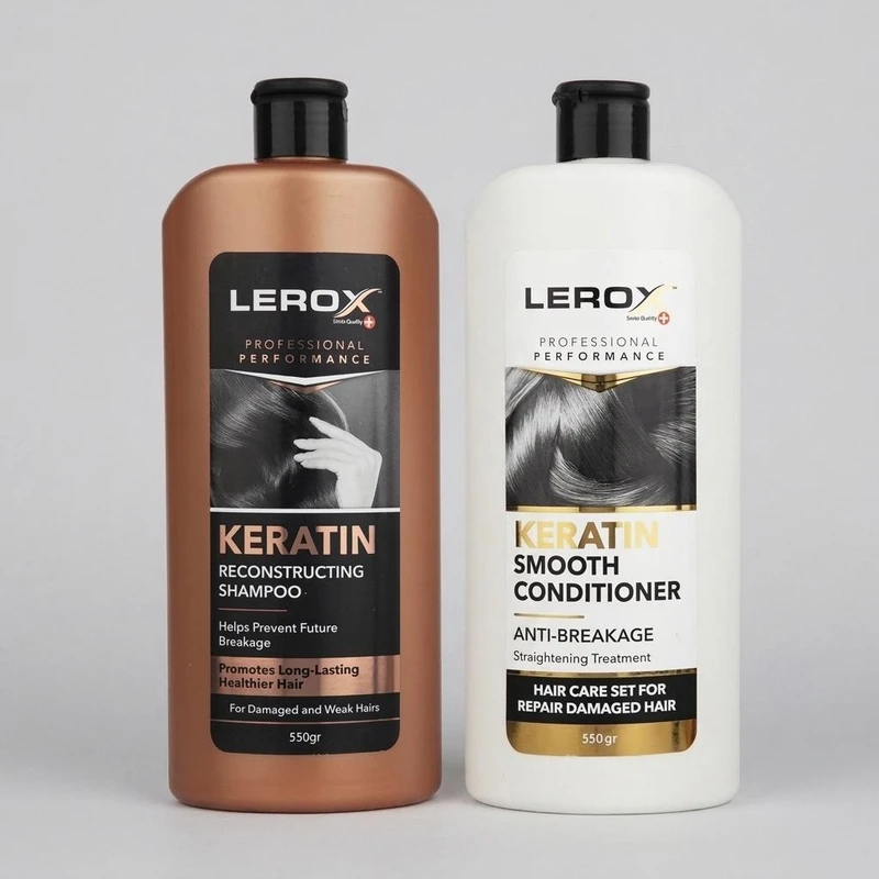 شامپو مو لروکس مدل T 2&2 حجم 550 میلی‌لیتر به همراه نرم‌کننده مو لروکس مدل keratin حجم 550 میلی‌لیتر، تقویت‌کننده، صاف‌کننده، درخشان‌کننده، مناسب موهای شکننده و آسیب‌دیده، حاوی روغن زیتون و عصاره آلوئه‌ورا