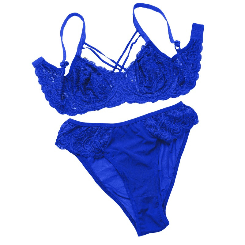 ست شورت و سوتین زنانه مدل دانتل گوشوارهای هارنس رنگ آبی کاربنی