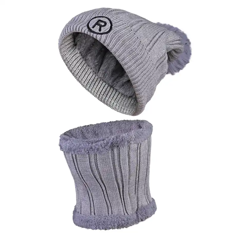 ست کلاه و شال گردن بافتنی طرح R بچگانه مدل داخل خز