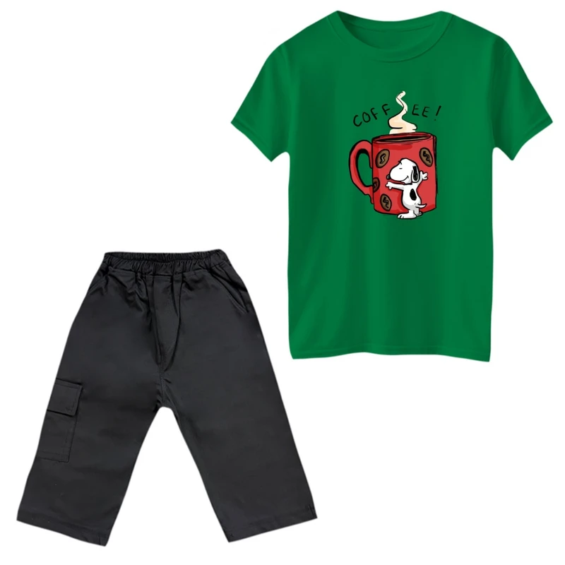 ست تی‌شرت و شلوارک پسرانه مدل اسنوپی و قهوه