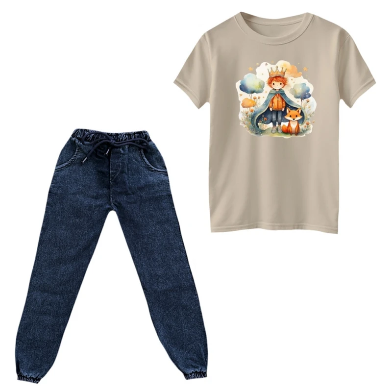 ست تی‌شرت و شلوار پسرانه مدل شازده کوچولو و روباه کد 12 رنگ کرم