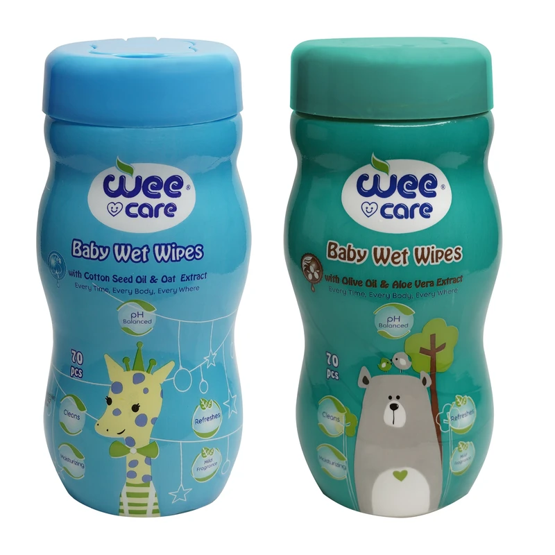 دستمال مرطوب کودک وی کر مدل روغن زیتون و روغن پنبه دانه 2 بسته 70 عددی