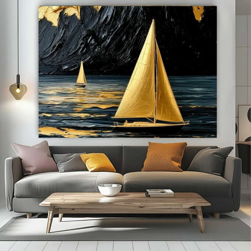 پوستر پارچه ای طرح مخمل قایق مدل بادبان طلا کد PY518