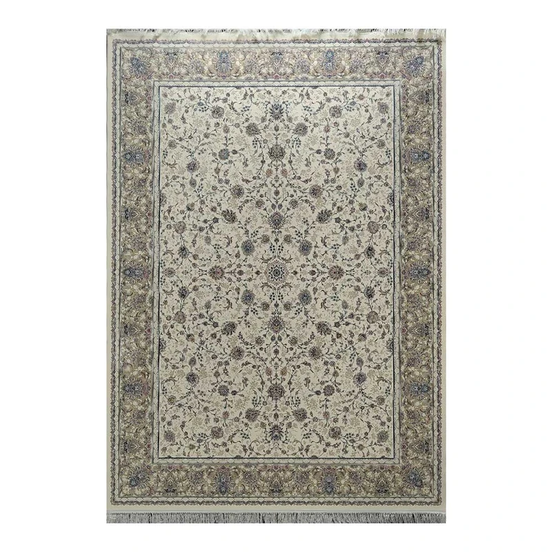 فرش ماشینی 1500 شانه فرش مشهد زمینه کرم حاشیه نسکافه‌ای مدل 813037