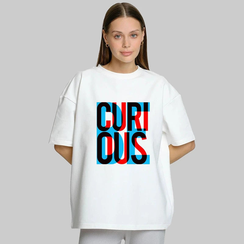 تی شرت باکسی زنانه طرح حروف مدل be curi ous