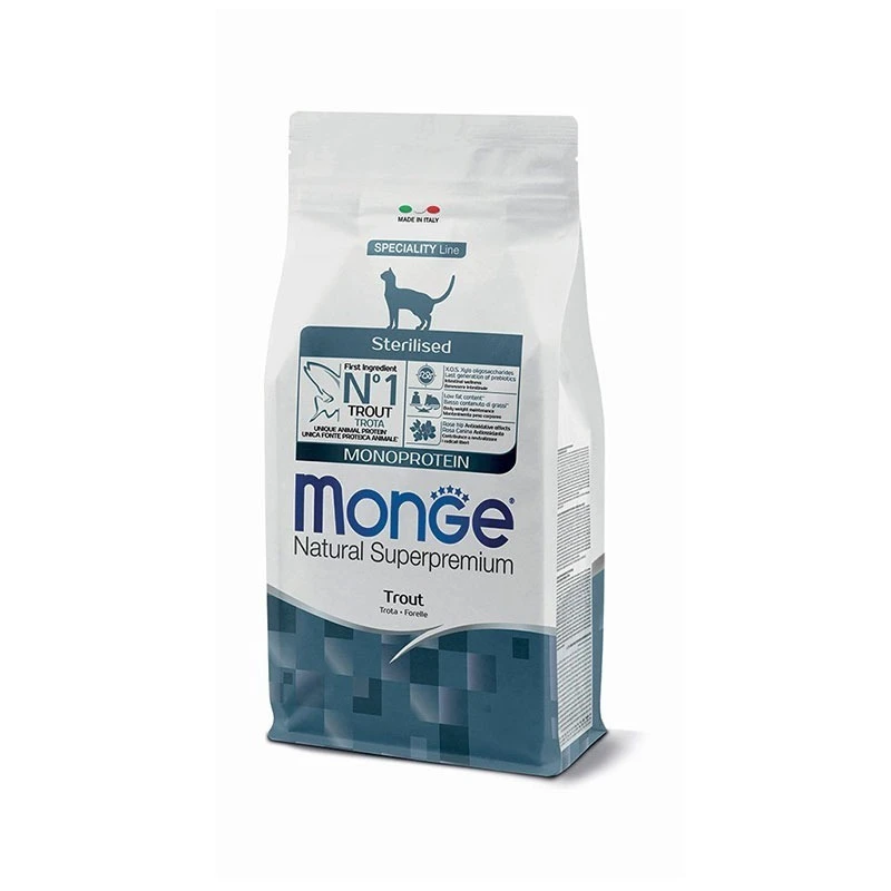 غذای خشک گربه بالغ عقیم شده مونژ مدل Monge Natural Sterilised با طعم ماهی قزل‌آلا وزن 400 گرم