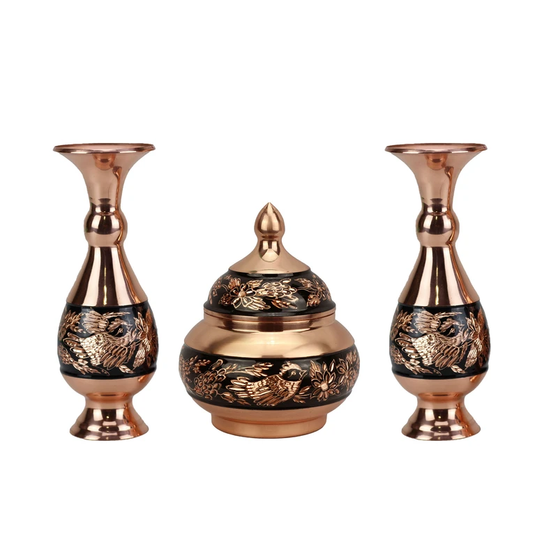  ست 3 تکه قندان و گلدان مسی مدل الماس تراش کد s16