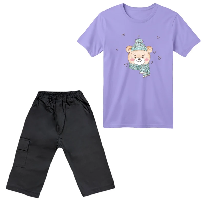 ست تی‌شرت آستین کوتاه و شلوارک دخترانه مدل خرس زمستونی