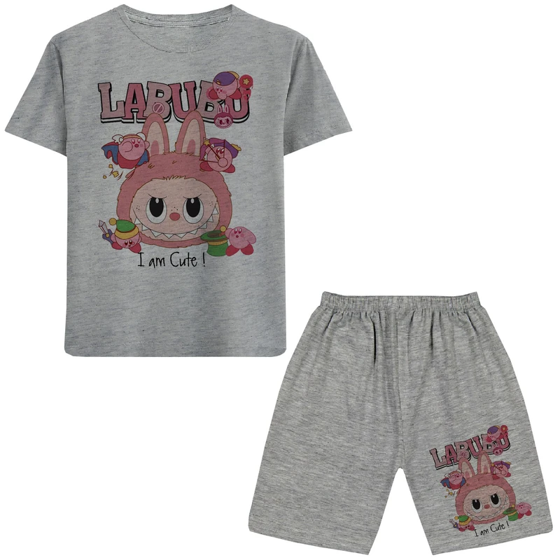 ست تی شرت آستین کوتاه و شلوارک راحتی دخترانه مدل A149 LABUBU