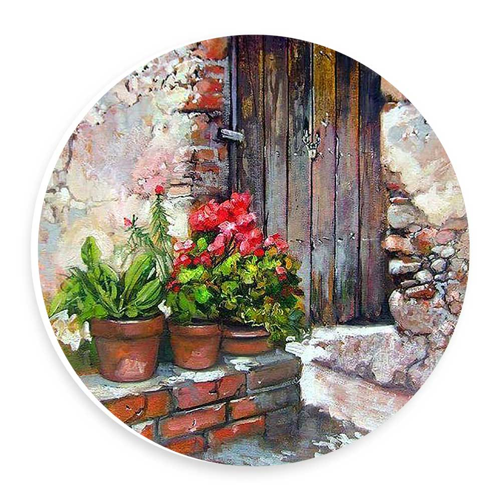   دیوارکوب طرح نقاشی گلدان های گل و خانه قدیمی مدل wtb848