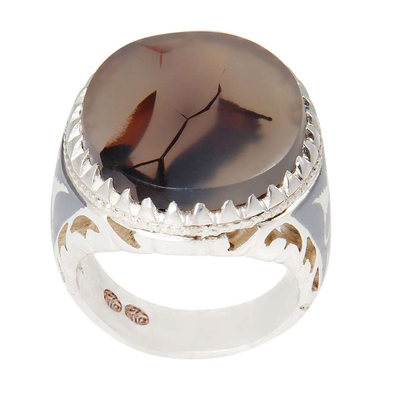 انگشتر نقره مردانه بازرگانی میلادی مدل سنگ شجر رکاب قلم زنی کد AM_1962