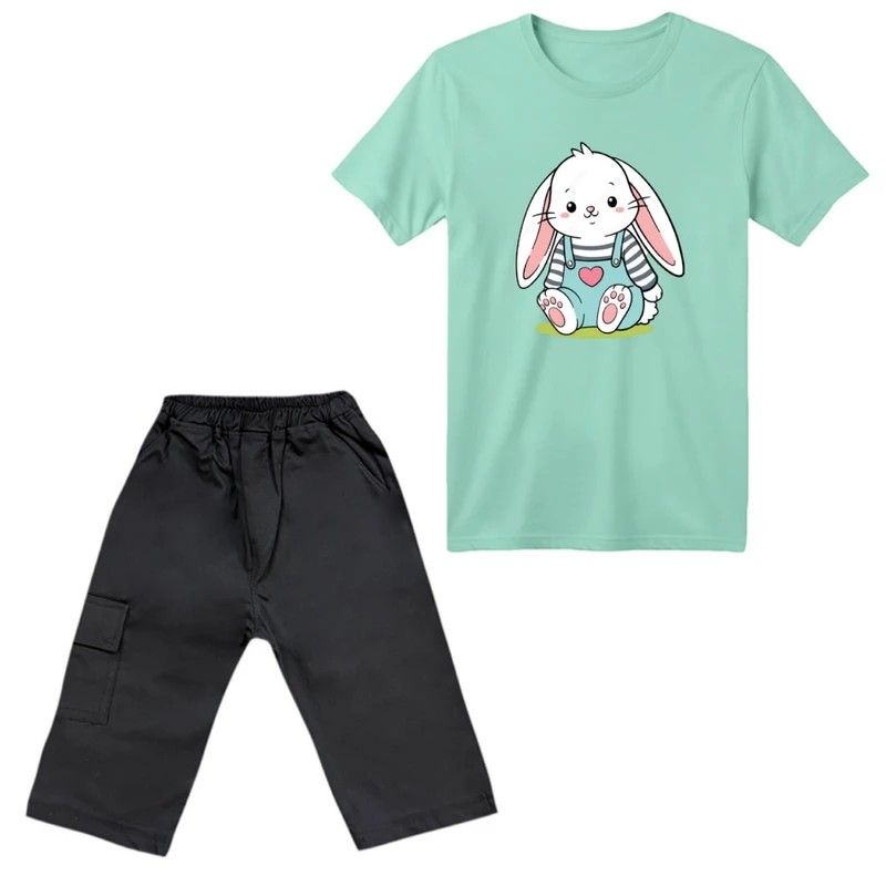 ست تی‌شرت آستین کوتاه و شلوارک دخترانه مدل خرگوش راه راه