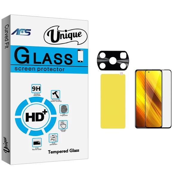 محافظ صفحه نمایش ای اف اس مدل Unique Glass مناسب برای گوشی موبایل شیائومی Poco X3 به همراه برچسب پوششی و محافظ لنز دوربین