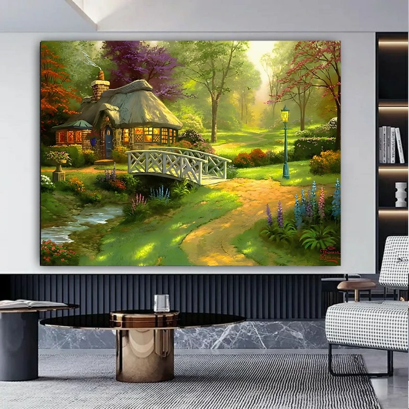 تابلو بوم طرح مخمل کلبه روشن مدل طبیعت سرسبز کد BK27059       