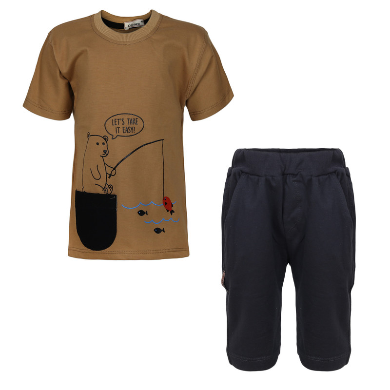 ست تی شرت و شلوارک پسرانه مدل خرس ماهیگیر رنگ قهوه ای