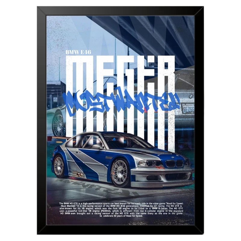 تابلو بکلیت طرح ماشین و خودرو بی ام و BMW M3 GTR NEED FOR SPEED MOST WANTED مدل b-po1669 فریم مشکی