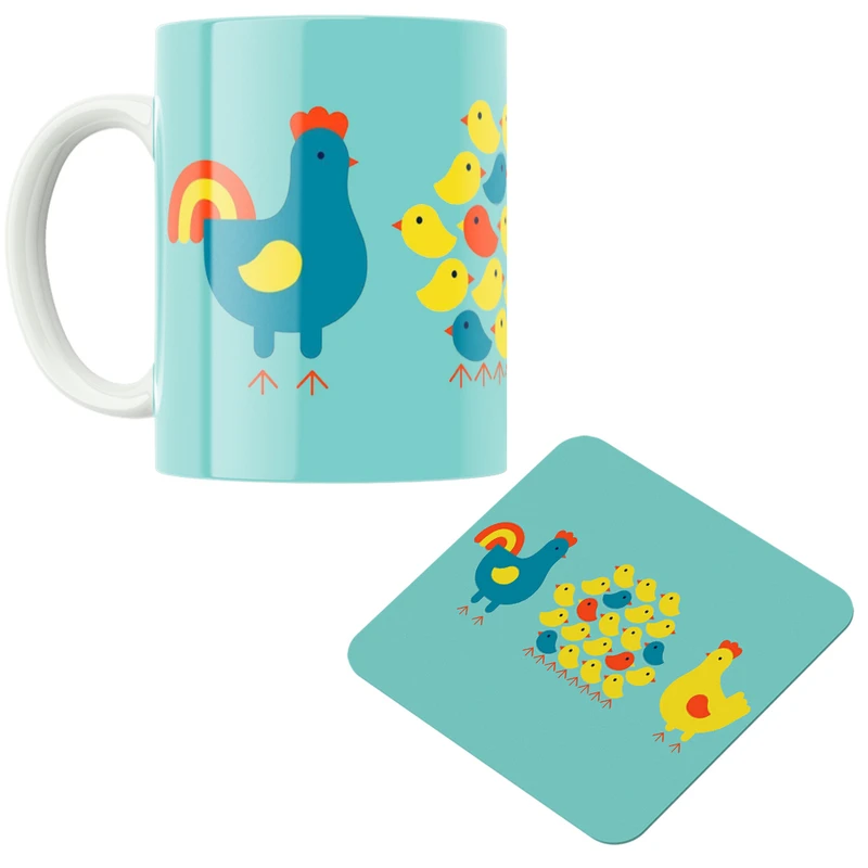 ماگ پاد آفرین مدل مرغ و خروس و جوجه ها کد DKC548 به همراه زیر لیوانی