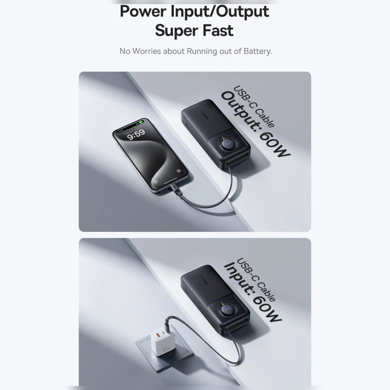 پاوربانک بیسوس مدل Free2Pull 65W ظرفیت 20000 میلی آمپر ساعت به همراه کابل USB-C