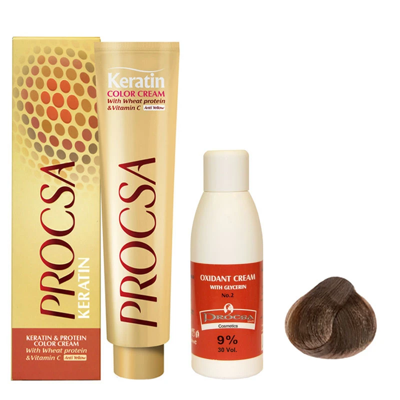 رنگ مو پروکسا سری Hazelnut شماره 6.35 حجم 100 میلی لیتر رنگ بلوند فندقی تیره به همراه اکسیدان پروکسا مدل گلیسیرینه 9 درصدی حجم 120 میلی لیتر