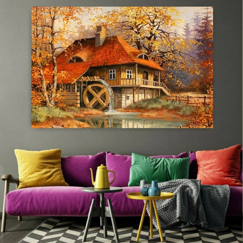 تابلو بوم طرح مخمل مدل کلبه جنگل پائیزی کد AR30554