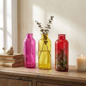 گلدان دکوری شیشهای طرح کلاسیک بطری، ابعاد 7×7×19 سانتیمتر، وزن 250 گرم، مناسب تراریوم و گیاهان طبیعی، رنگهای جذاب، قابلیت ریختن آب