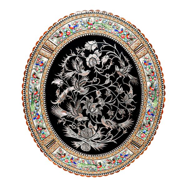 تابلو قلمزنی مسی صنایع دستی فاخر مدل الیپس طرح گل و مرغ برجسته کد Gr68p58-3f4