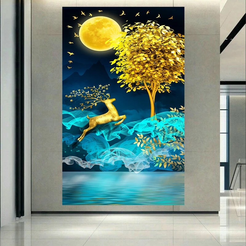 تابلو بوم طرح مخمل مدل گوزن و درخت طلایی کد AR30995