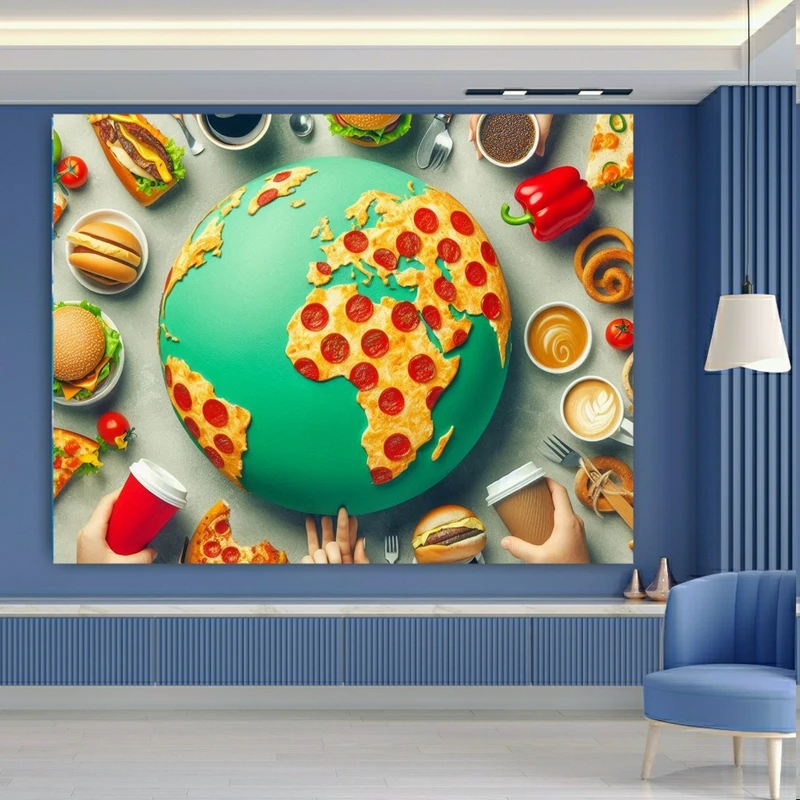 پوستر دیواری طرح پیتزا و همبرگر مدل انتزاعی کره زمین کد BK22687